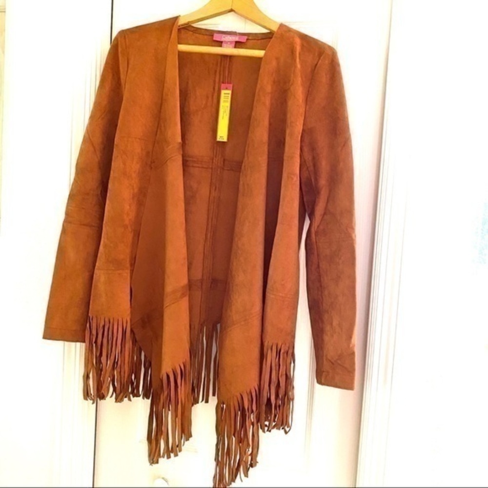 Boho Fringed Flyaway Faux Suede Jacket NWT Medium Trending Ret $128